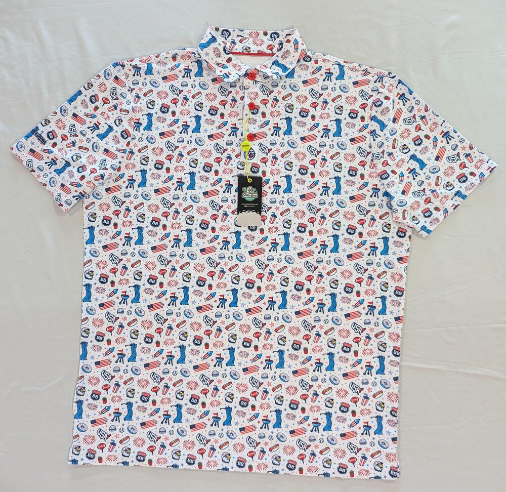 Birdieboss Polo Shirt Mens XL White Patriotic USA Graphic Golf Stretch Print